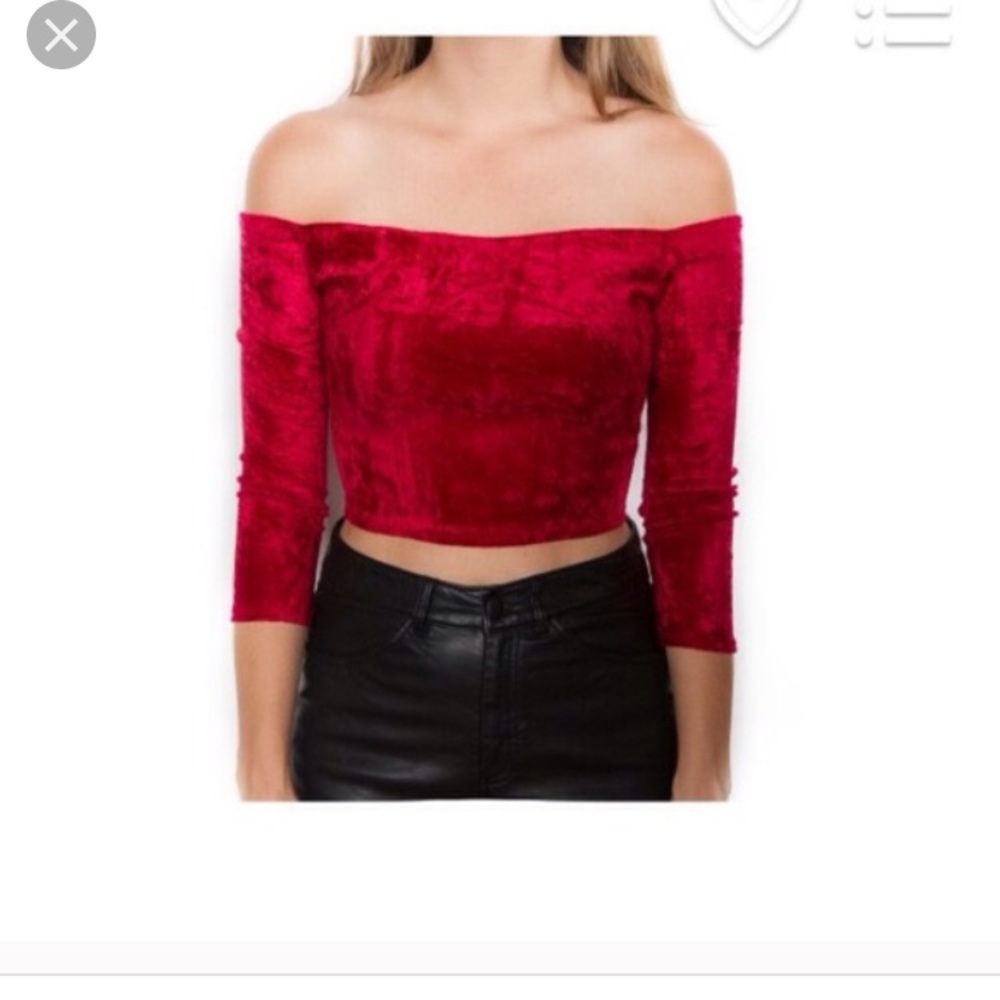 Red crushed velvet off the shoulder crop top